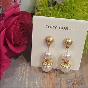 Tory Burch Gold and White Pearl Drop Earrings